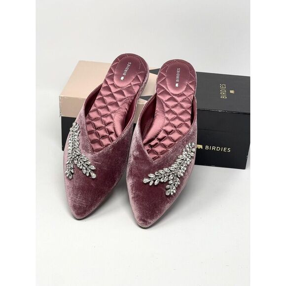 Birdies Shoes - NiB Birdies The Swan Jeweled Raspberry Velvet Sparkle Mules Womens Size 9.5